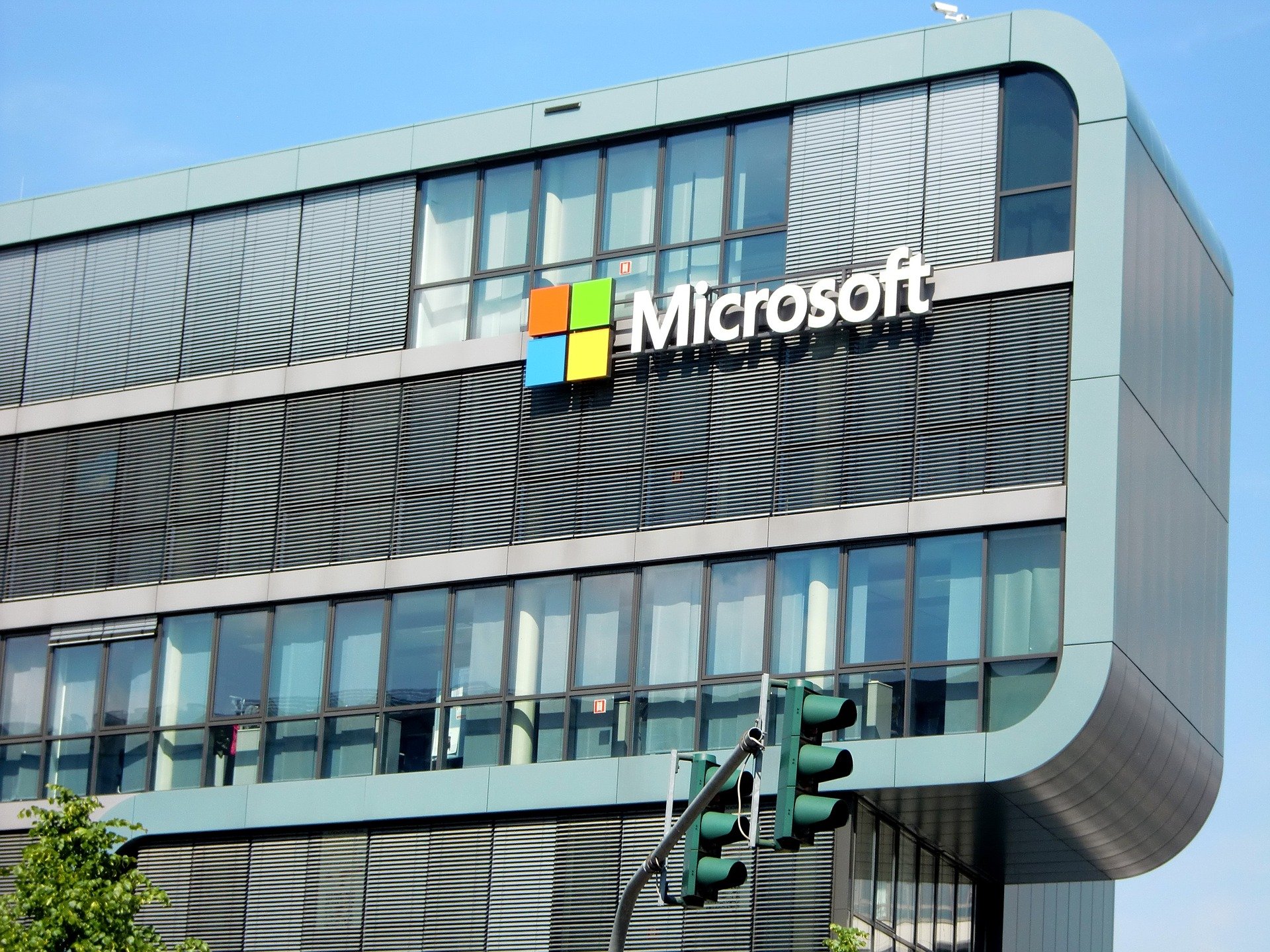 image of Microsoft building across a blue sky